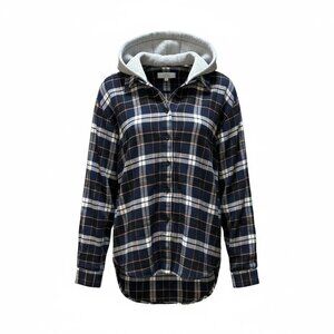 Cisono Womens Plaid Hooded Button-Up Shirt With Sherpa Lining Gray & Navy Checke